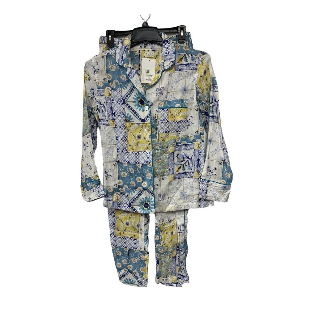 The Lazy Poet Emma Mediterranean Linen Pajama Set Small Blue Patchwork NWT